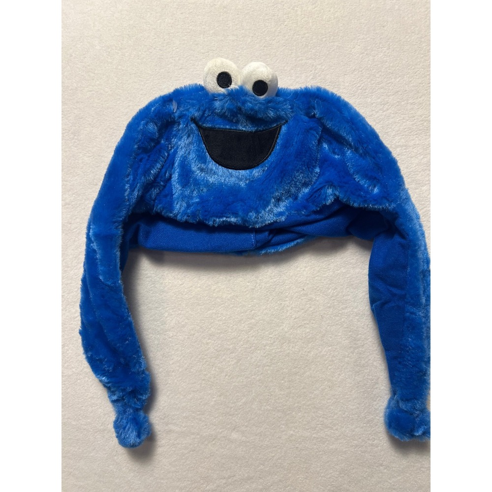 Sesame Street Kids Cookie Monster Plush Hat Blue Faux Fur Earflaps Pompoms